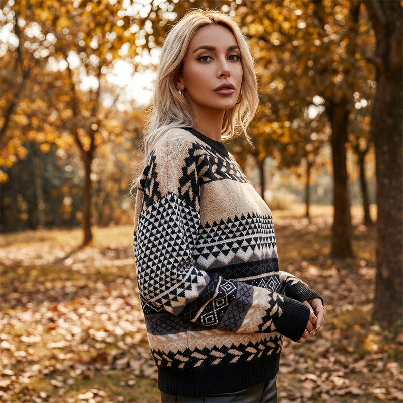 Zavira Women’s Knit Sweater | Nordic Pattern, Crew Neck