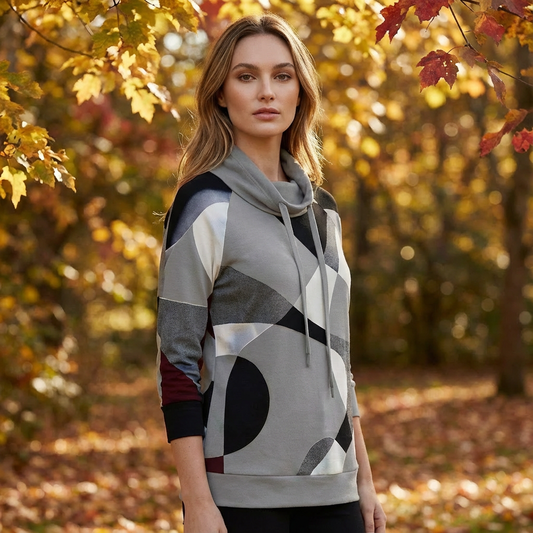 Virella Women’s Pullover Hoodie | Geometric Print, Cowl Neck