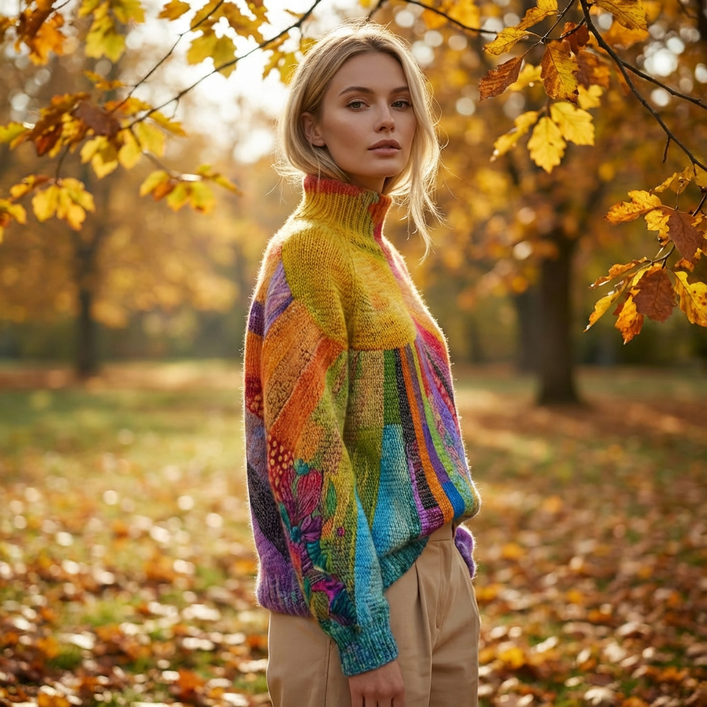 Willow Zerelle Women’s Turtleneck Sweater | Multicolor Patchwork Print, Relaxed Fit