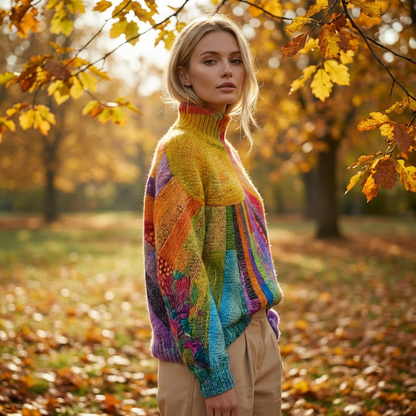 Willow Zerelle Women’s Turtleneck Sweater | Multicolor Patchwork Print, Relaxed Fit