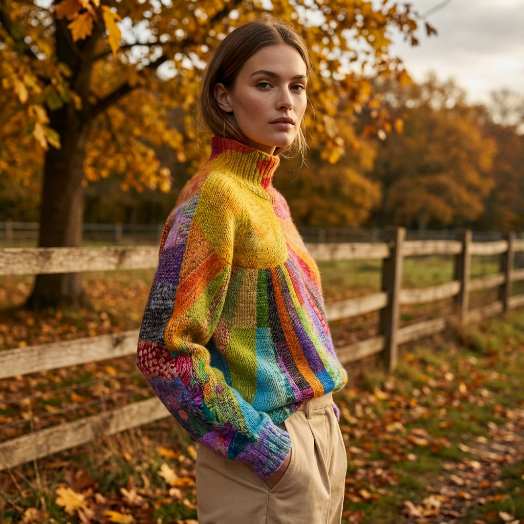Willow Zerelle Women’s Turtleneck Sweater | Multicolor Patchwork Print, Relaxed Fit