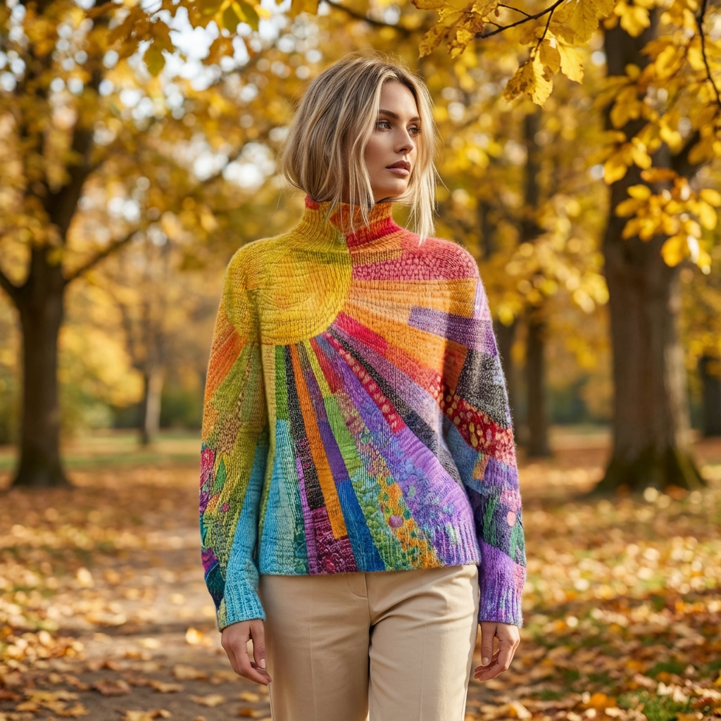 Willow Zerelle Women’s Turtleneck Sweater | Multicolor Patchwork Print, Relaxed Fit