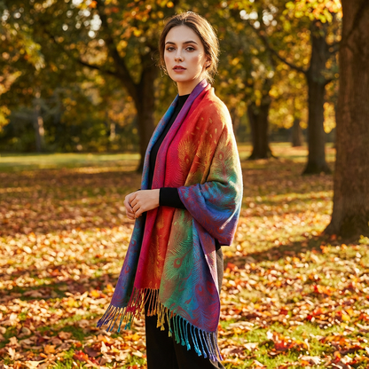 Zephyra Women’s Wrap Scarf | Multicolor Pattern, Fringed Edges