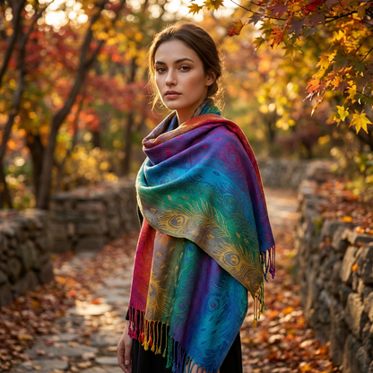 Zephyra Women’s Wrap Scarf | Multicolor Pattern, Fringed Edges