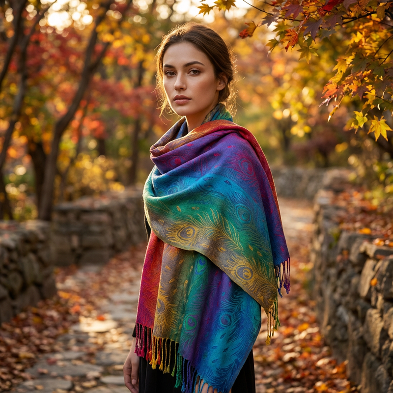 Zephyra Women’s Wrap Scarf | Multicolor Pattern, Fringed Edges
