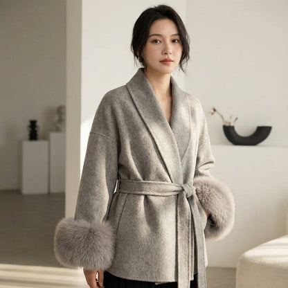 Aria Women’s Faux Fur Coat | Belted Waist, Fur-Trim Cuffs