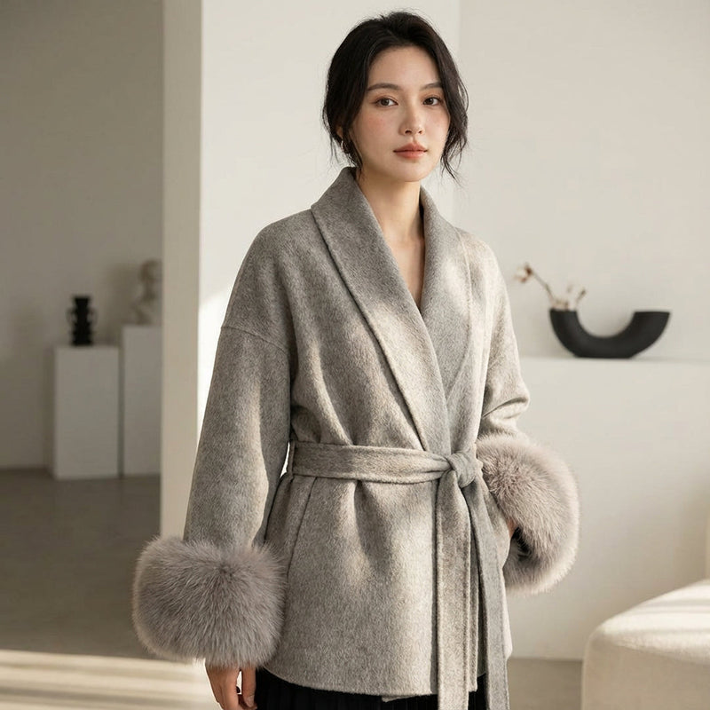 Aria Women’s Faux Fur Coat | Belted Waist, Fur-Trim Cuffs