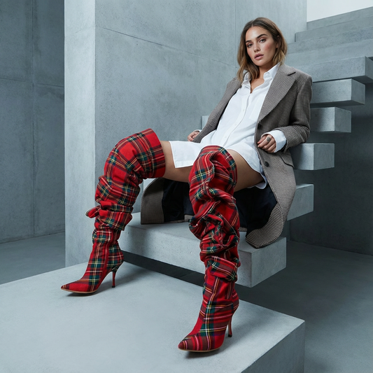 Pia Women's Thigh High Boots | Plaid Over Knee, Pointed Toe