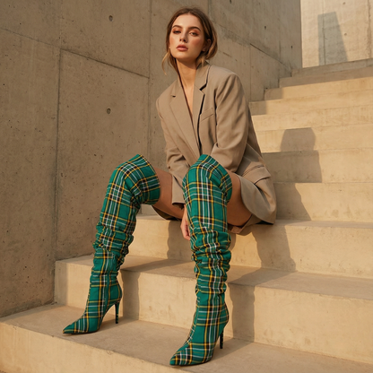 Pia Women's Thigh High Boots | Plaid Over Knee, Pointed Toe
