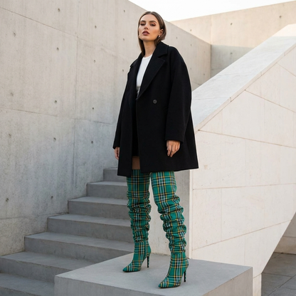 Pia Women's Thigh High Boots | Plaid Over Knee, Pointed Toe