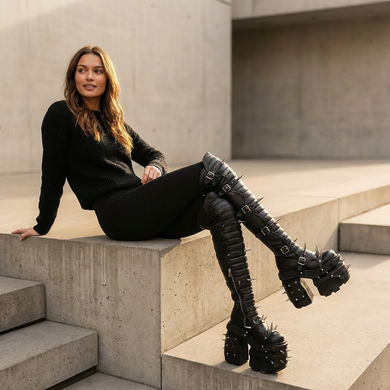 Tank Punk Women's Over the Knee Boots | Rivet Design, Synthetic Leather