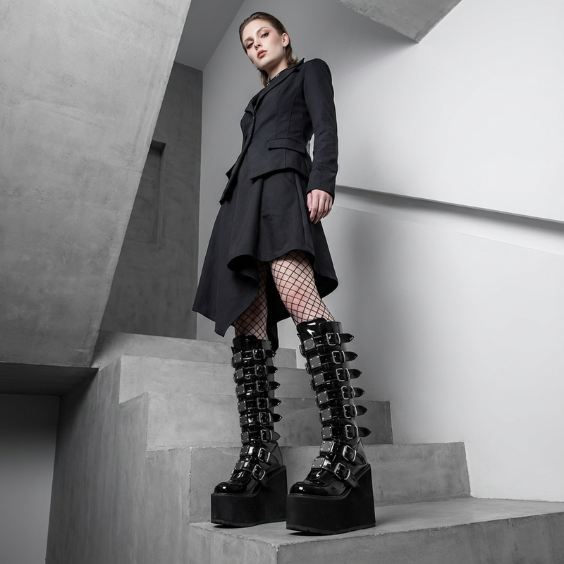 Nyxra Women’s Gothic Platform Knee-High Boots | Multi-Buckle Design, Wedge Platform