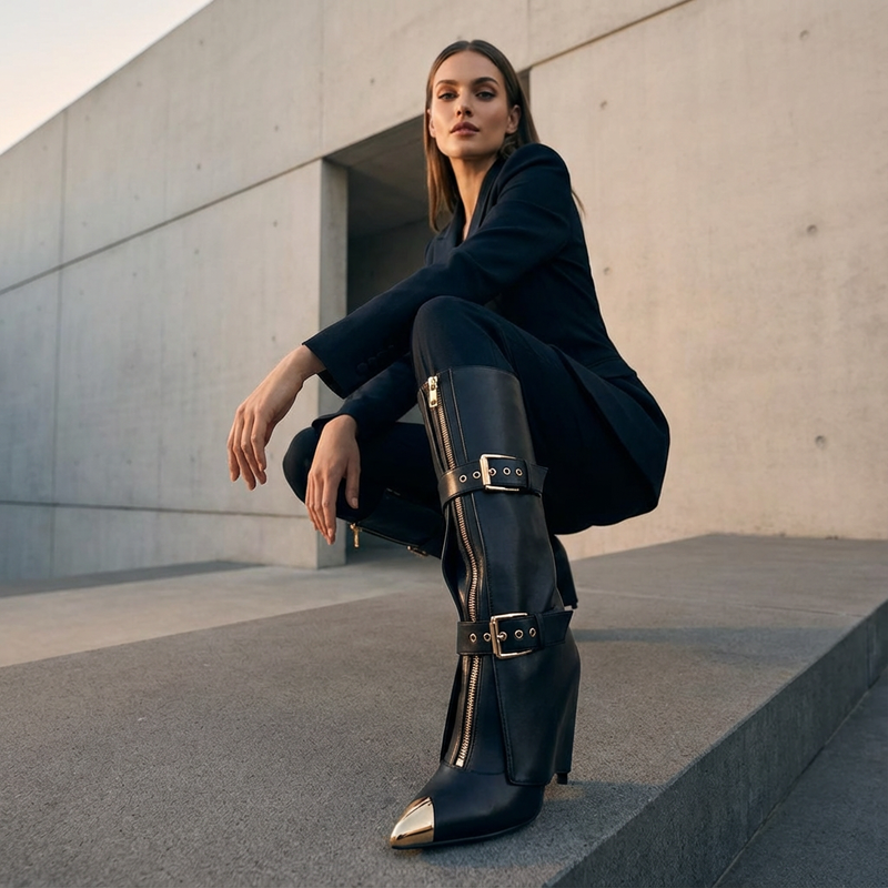 Evelyn Women's Black Knee High Boots | Stiletto Heels, Pointed Toe Design