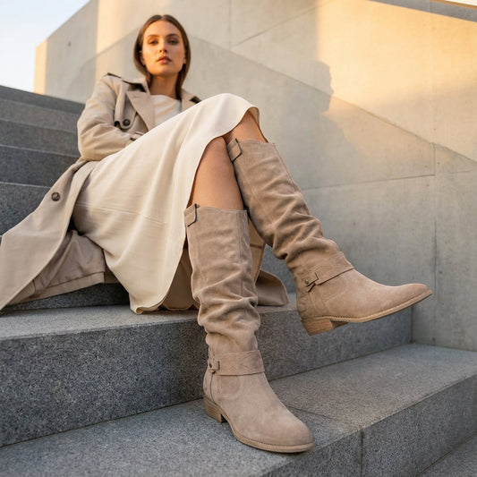 Aurora Women’s Knee High Boots | Low Block Heel, Strap Detail