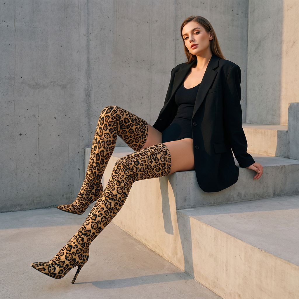 Zarina Women’s Thigh High Boots | Leopard Print, Pointed Toe