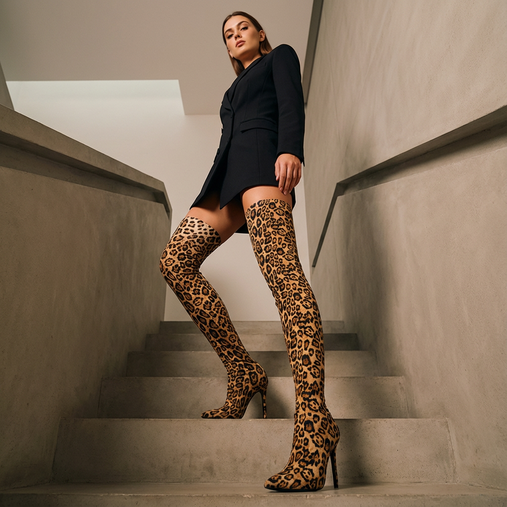 Zarina Women’s Thigh High Boots | Leopard Print, Pointed Toe