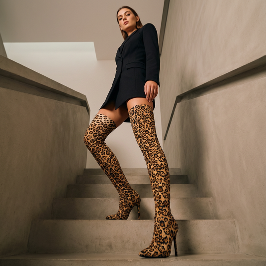 Zarina Women’s Thigh High Boots | Leopard Print, Pointed Toe