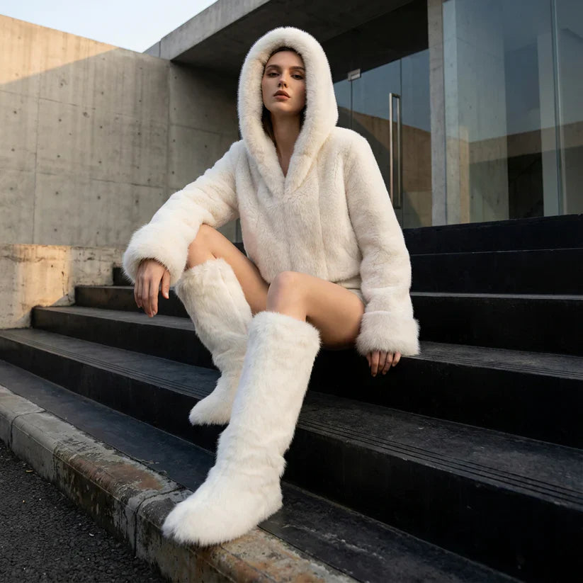 Pine Lyra Women’s Faux Fur Jacket | Oversized Hood, Plush Silhouette