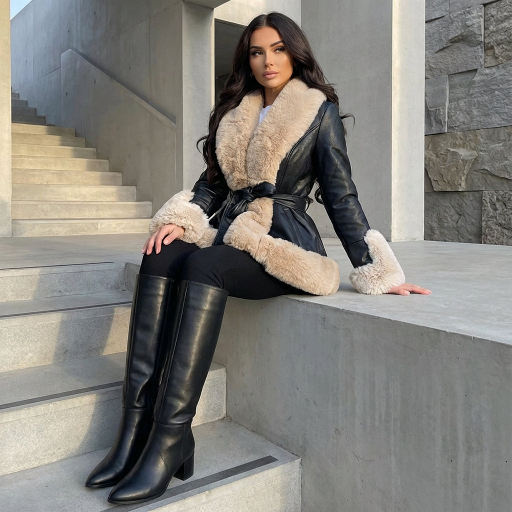 Aurora Women’s Belted Coat | Faux Fur Trim, Long Sleeves