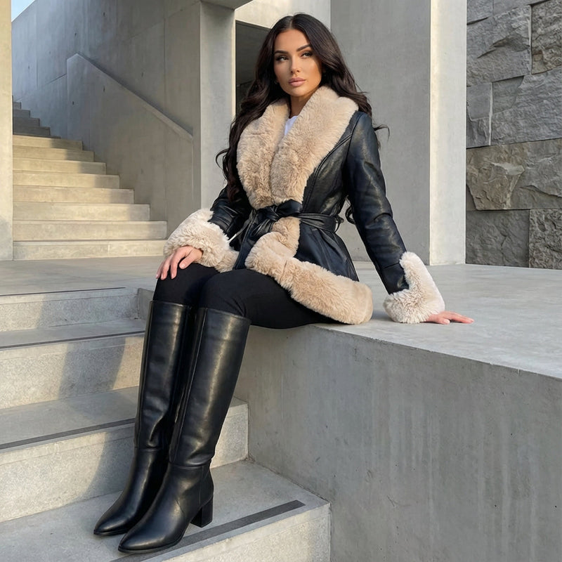 Aurora Women’s Belted Coat | Faux Fur Trim, Long Sleeves