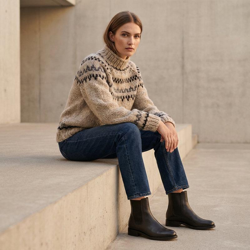 Suéter de punto nórdico para mujer Aureline | Cuello Alto, Patrón Herencia