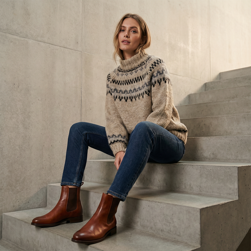 Suéter de punto nórdico para mujer Aureline | Cuello Alto, Patrón Herencia
