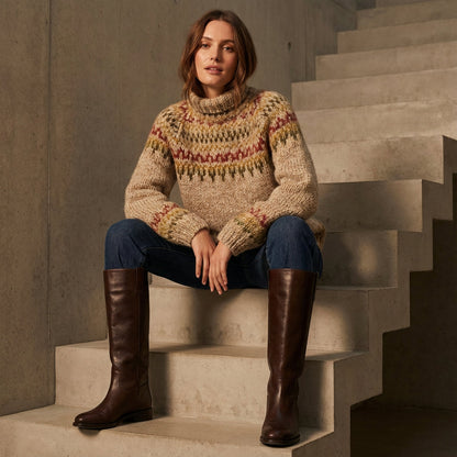 Suéter de punto nórdico para mujer Aureline | Cuello Alto, Patrón Herencia