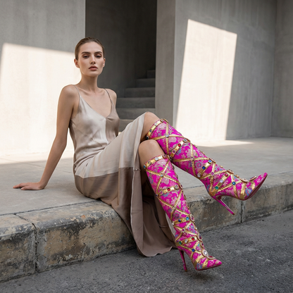 Tesni Women’s Knee High Boots | Floral Print, Rhinestone Embellished