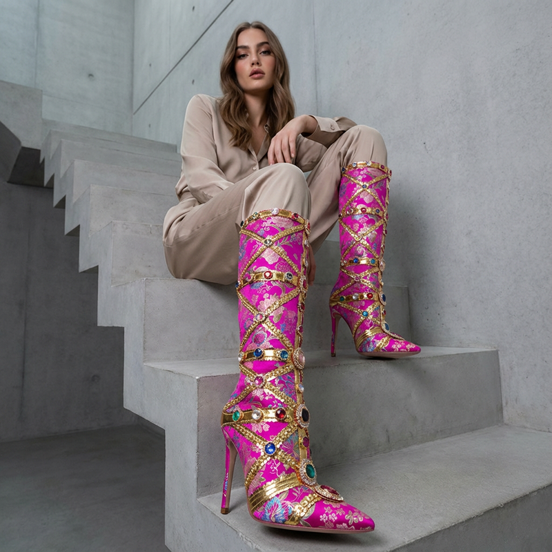 Tesni Women’s Knee High Boots | Floral Print, Rhinestone Embellished