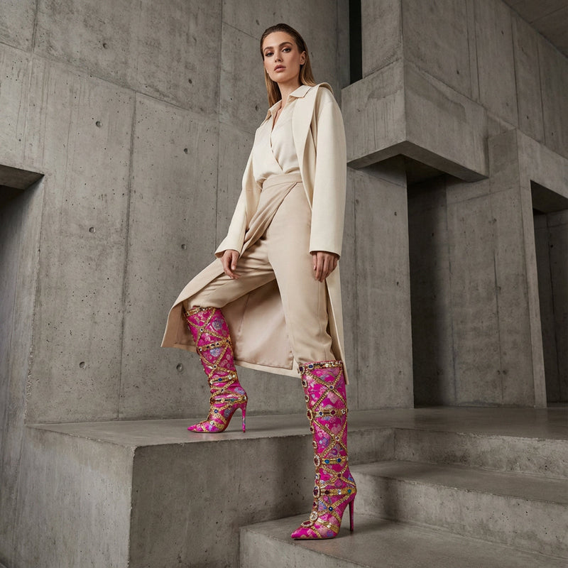 Tesni Women’s Knee High Boots | Floral Print, Rhinestone Embellished