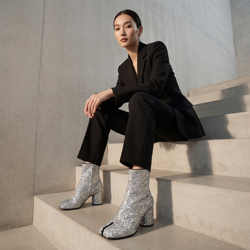 Velmira Women’s Ankle Boots | Tabi Toe, Glitter Finish