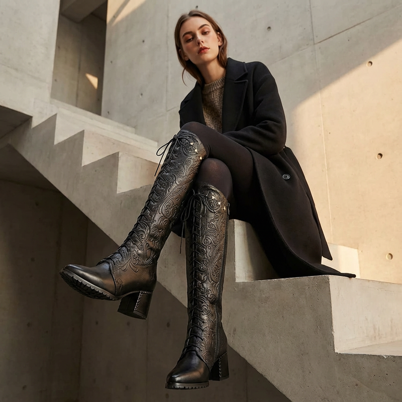 Aureline Women’s Embossed Knee-High Boots | Sculpted Leather, Block Heel