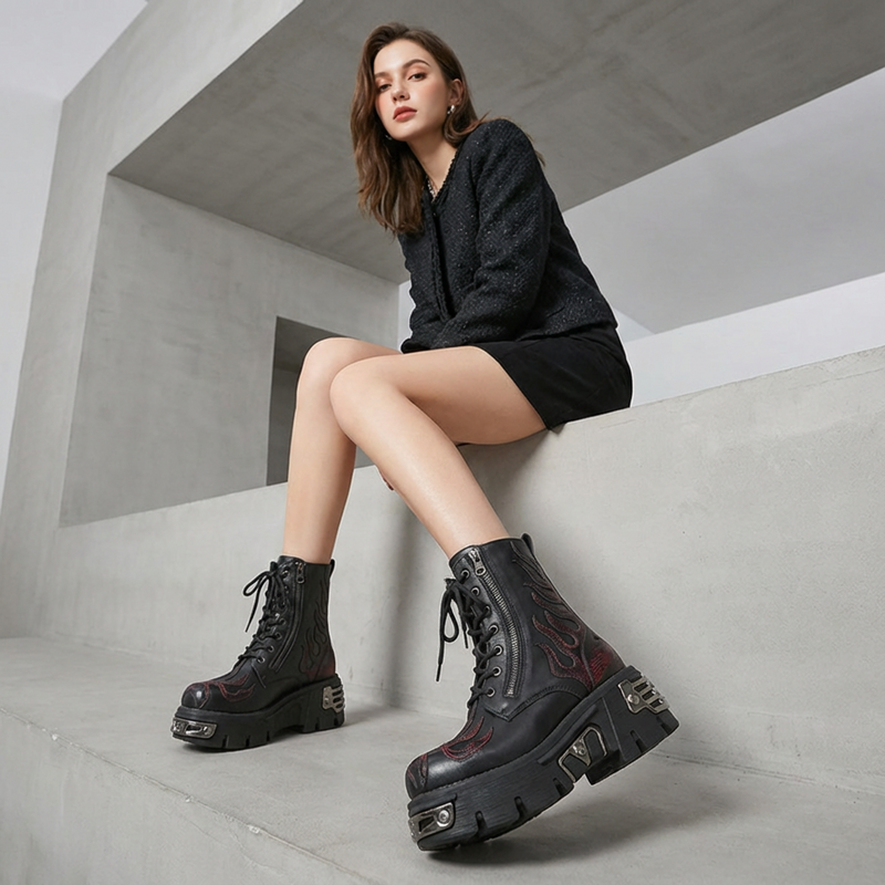 Virex Women’s Chunky Ankle Boots | Metal Platform, Lace-Up