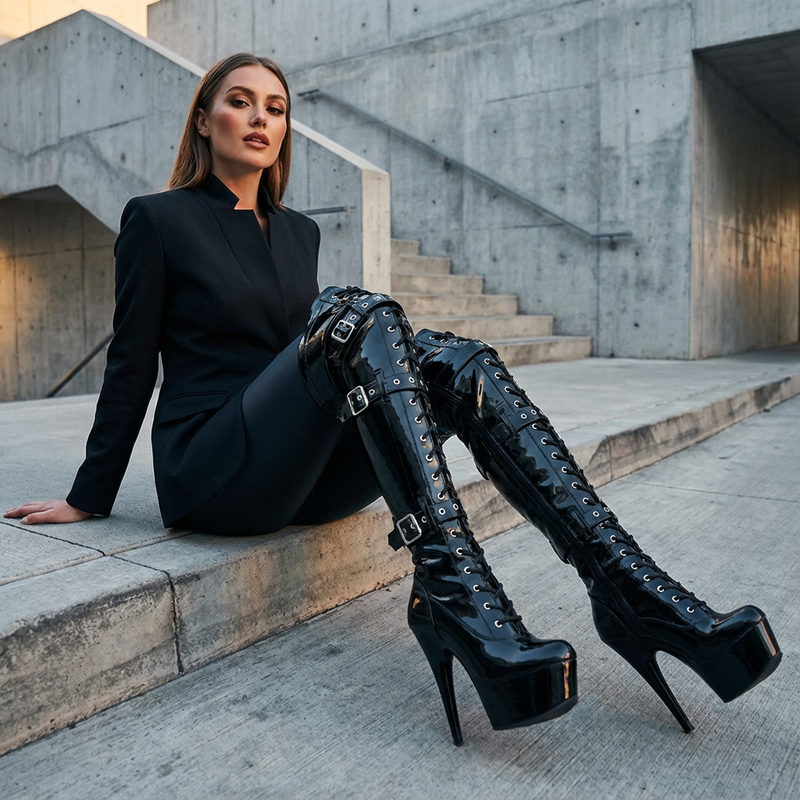 Obscyra Women’s Gothic Platform Knee-High Boots | Lace-Up Buckles, Extreme Stiletto