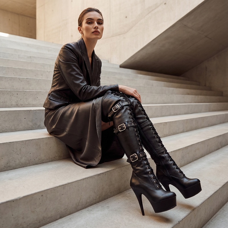 Obscyra Women’s Gothic Platform Knee-High Boots | Lace-Up Buckles, Extreme Stiletto