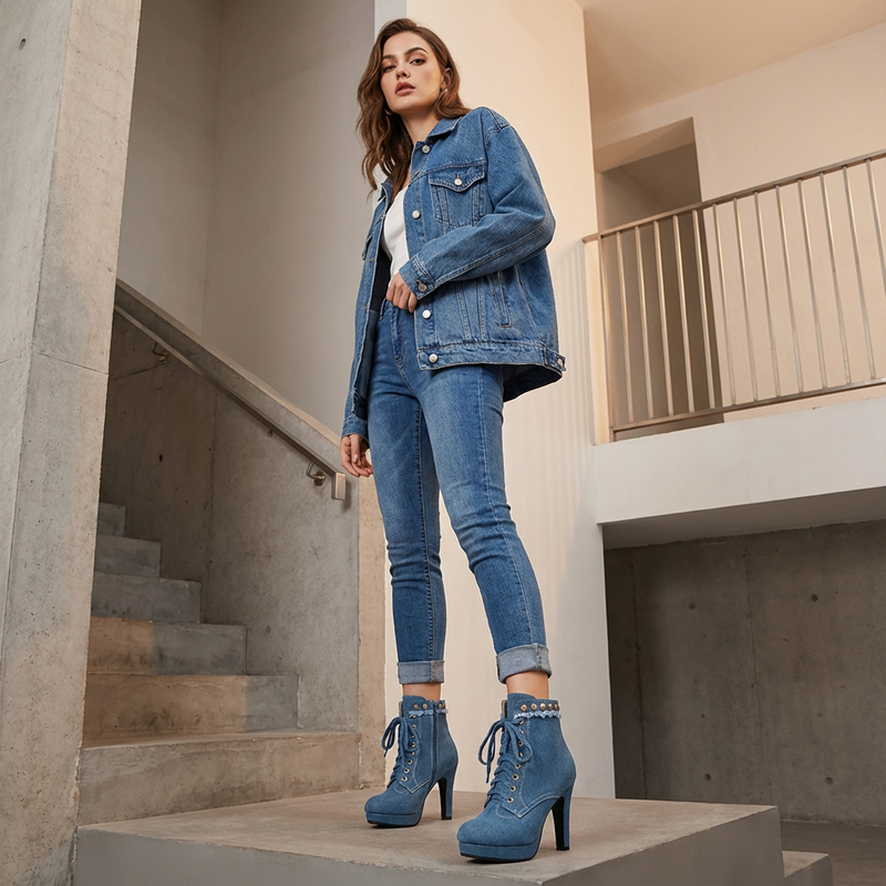 Lyra Women’s Lace-Up Ankle Boots | Denim Finish, Stiletto Heel