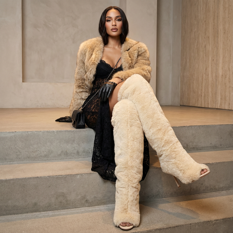 Nina Women's Over The Knee Boots | Fluffy Fur, High Heels