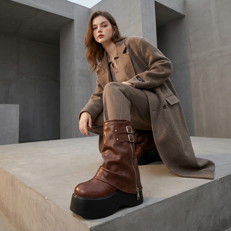 Sleek Women's Chunky Motorcycle Boots | Soft Leather, High Platform