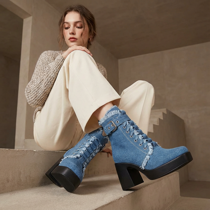 Liora Women’s Platform Ankle Boots | Lace-Up Detail, Chunky Block Heel