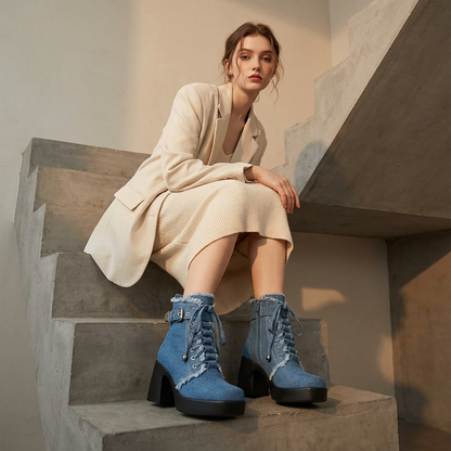 Liora Women’s Platform Ankle Boots | Lace-Up Detail, Chunky Block Heel