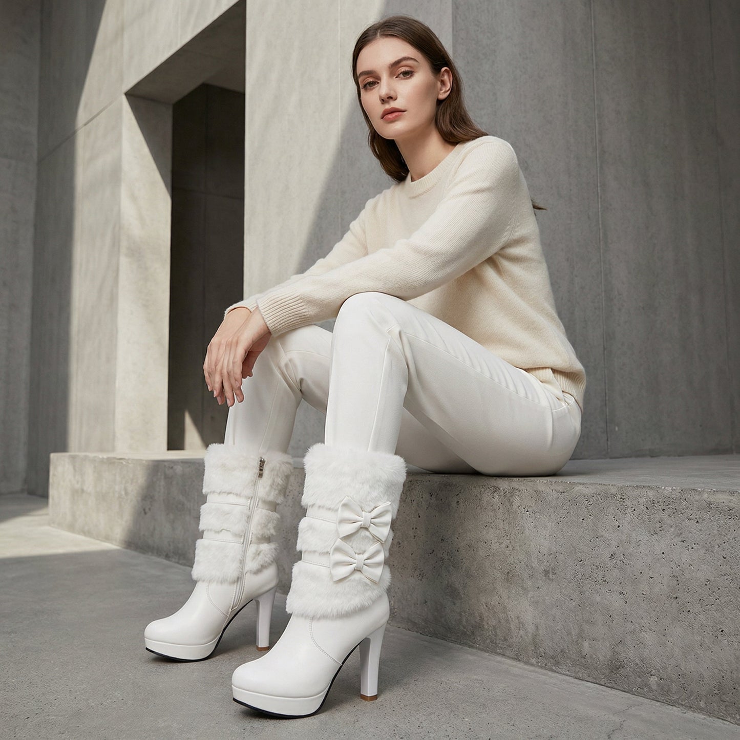 Lola Women's High Heel Boots | Fur Tassel Detail, Bowtie Accent