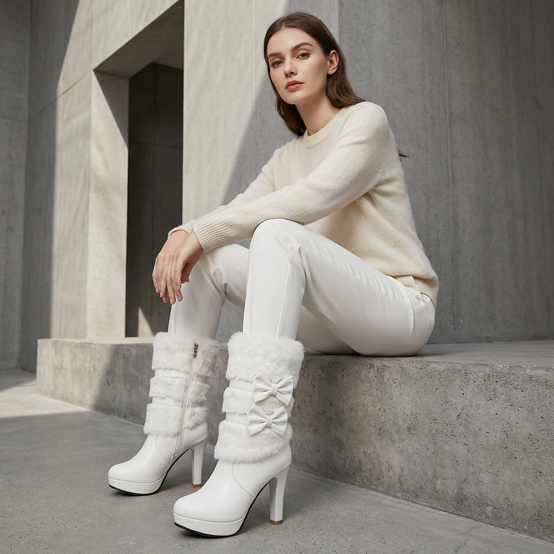 Lola Women's High Heel Boots | Fur Tassel Detail, Bowtie Accent