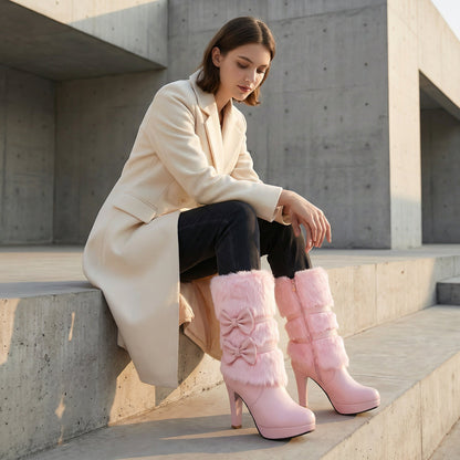 Lola Women's High Heel Boots | Fur Tassel Detail, Bowtie Accent