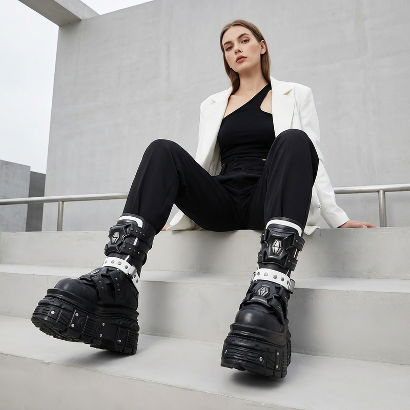 Punk Motorcycle Boots for Women | Thick Sole, Belt Buckle Design