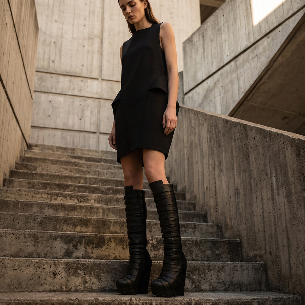 Sleek Women's Knee-High Boots | Leather Straps, Round Platform