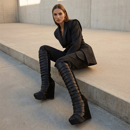 Sleek Women's Knee-High Boots | Leather Straps, Round Platform