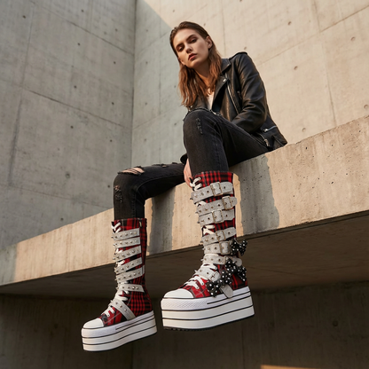 Rita Women's Canvas Boots | Thick Sole, Rivet Belt Buckle