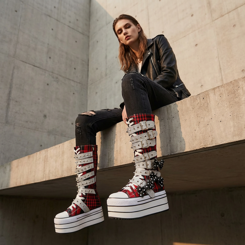 Rita Women's Canvas Boots | Thick Sole, Rivet Belt Buckle