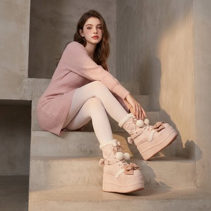 Luna Girls’ Platform Snow Boots | Faux Fur Trim, Bow Lace-Up