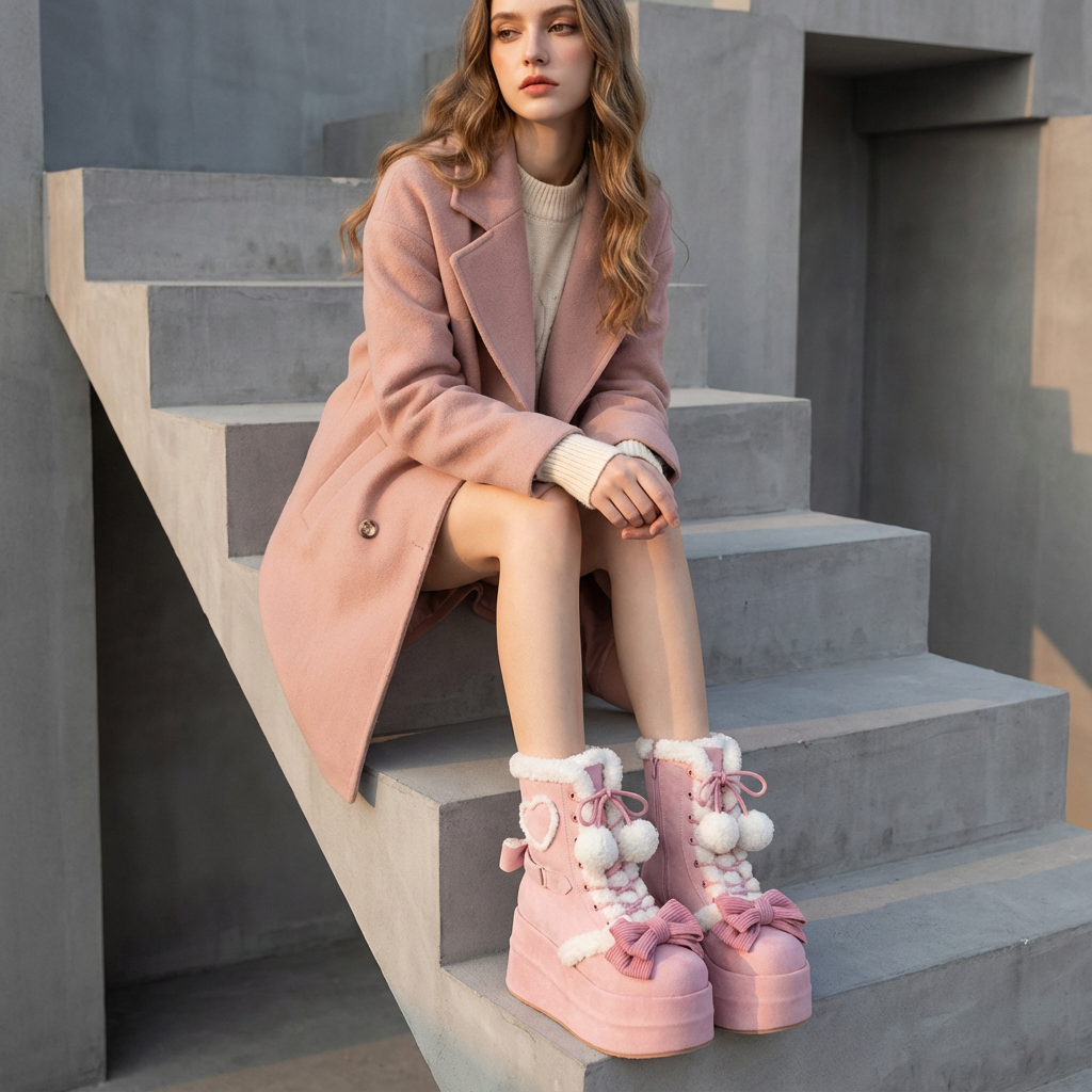 Luna Girls’ Platform Snow Boots | Faux Fur Trim, Bow Lace-Up